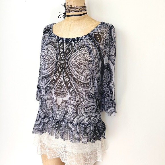 Y2K Womens M Sheer Paisley Mesh Ruffle Blouse Whimsical Fairy Grunge Festival - Picture 6 of 12